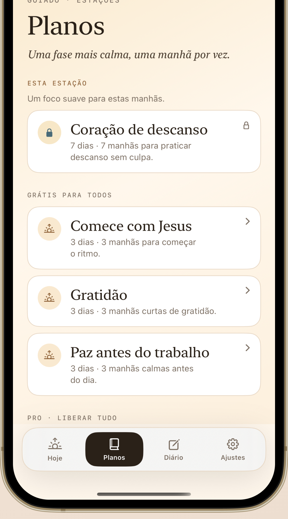Tela de planos guiados do MannaCup em um iPhone