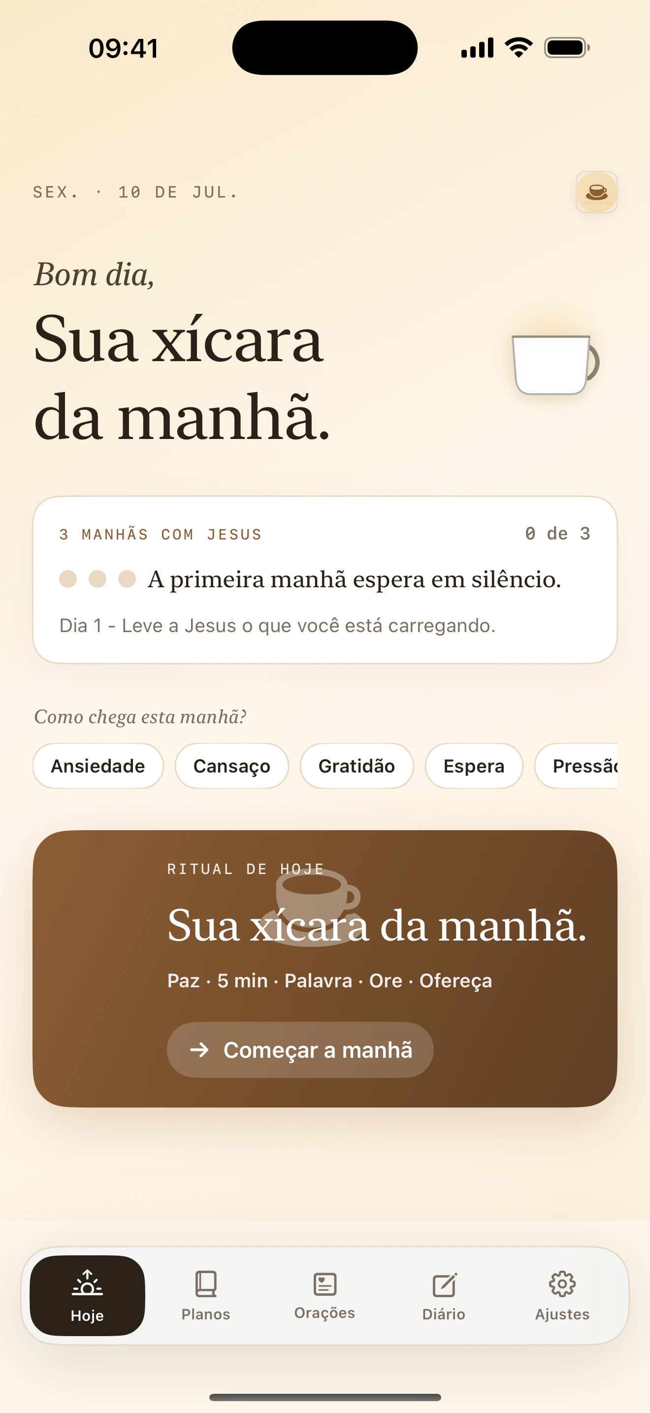 Tela Hoje do MannaCup mostrando a xícara da manhã, uma Palavra e o ritual do dia